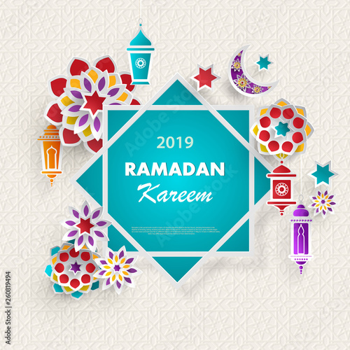 Ramadan Kareem concept banner with islamic geometric patterns and eight pointed star frame. Paper cut 3d flowers, traditional lanterns, moon and stars on light background.