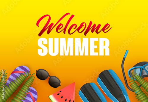 Welcome summer bright poster design. Watermelon, diving mask, flippers, flip-flops on yellow background. Vector illustration can be used for banners, flyers, greeting cards