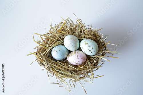 Easter eggs in nest on light blue background. With copy space for text. Flat lay. Top view.