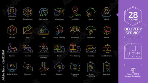 Delivery service editable stroke outline color icon set on a black background with fast express package shipping, quick courier, cargo truck and van speed transport line symbols.