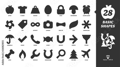 Basic glyph shapes icon set with simple fill silhouette apple  t-shirt  weight  egg  lock  mushroom  alarm clock  fan  tag  infinity  camera  bow tie  leaf  snowflake  umbrella and more black symbols.