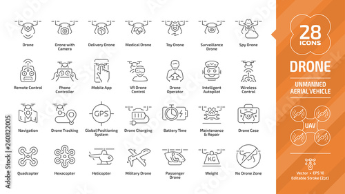 Drone unmanned aerial vehicle editable stroke outline icon set with UAV digital technology, camera, delivery, medical, toy, surveillance and spy aircraft robots, remote control, battery time line sign