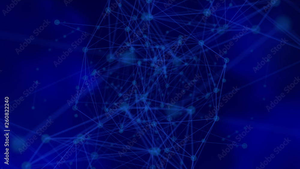 Futuristic network background - abstract dots and lines on blue. Irregular structure of connected points. Science theme - mathematical or chemical objects. 3D rendering. Futuristic network background - abstract dots and lines on blue. Irregular structure of connected points. Science theme - mathematical or chemical objects. 3D rendering.