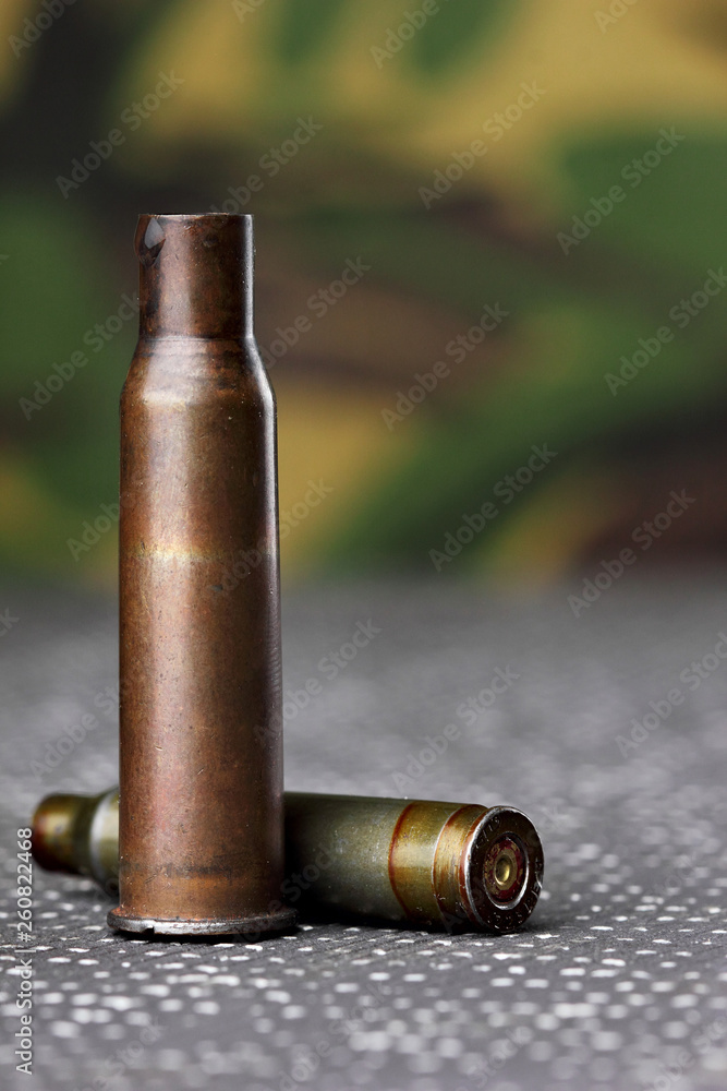 Two spent bullet cases 7.62 mm and 5.45 mm bullets.On military background
