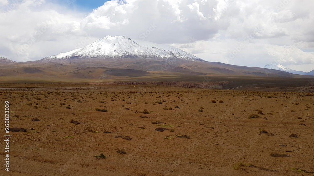 Desert landscape of the Andean plateau of Bolivia with peaks of snow-capped volcanoes of the Andean cordillera