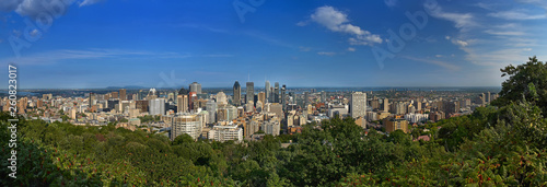 Montreal, Quebec, Canada, September 01, 2018: view of the city Panorama of Montreal in Quebec, from the Chalet du Mont Royal Mount Royal Kondiaronk belvedere viewpoint. photo