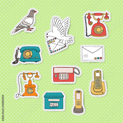 Means of communication stickers. Vector illustration of retro telephones, pigeon post, post box, letter. Bright vintage dial phone, dove, letter box, radio, wire phone on green polka dot background