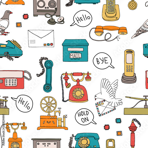 Vector seamless pattern of vintage means of communication. Retro repeat backdrop with wired rotary dial telephone, radio phone, telegraph, receiver, pigeon post, letter, speech bubble, stamps