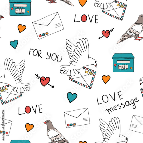 Vector illustration of pigeon carrying a letter with stamps, post box, letter, hearts. Seamless pattern for saint Valentine's day. Romantic love message background
