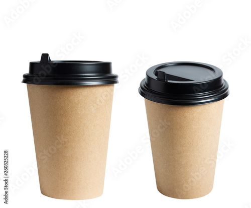 Kraft paper cup for coffee. Black plastic cover. Isolated object on white background. The photo.
