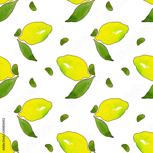Yellow lemon fruits with green leaves isolated on white background in beautiful style.Handmade illustration. Watercolor drawing seamless pattern for design .Citrus collection.