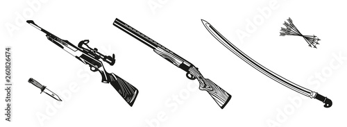 Vector illustration huntings rifle colored, black and white, silhouette