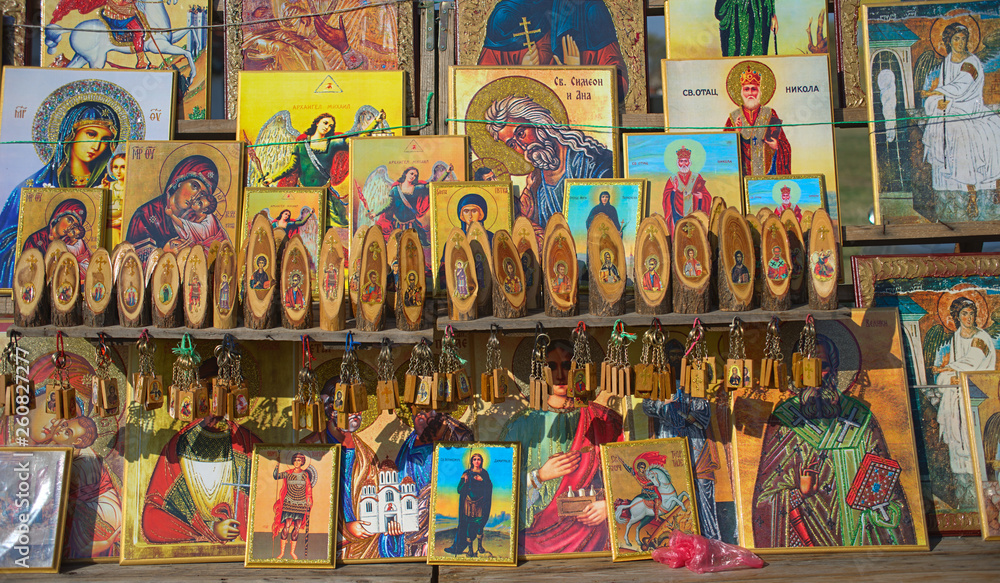 Various orthodox christian icons on display at market for sale