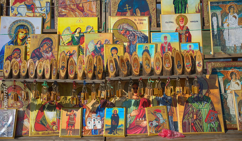 Принти на полотні Various orthodox christian icons on display at market for sale