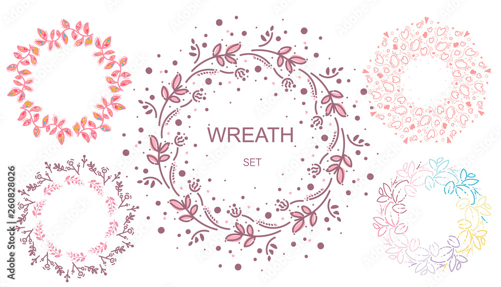flower wreath. Floral Frame Collection. Set of cute flowers, wreath perfect for wedding invitations and birthday cards.Vector illustration. Hand drawn design elements in doodle sketch style