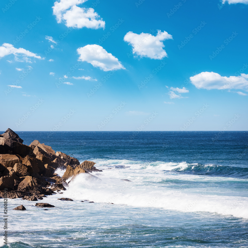 Beautiful rocky beach and ocean wave under blue cloudy summer sky. California, USA