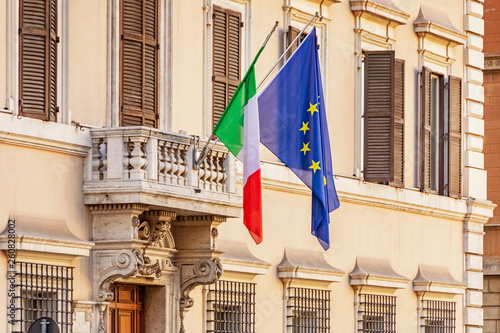 Italian and european union flags in Rome