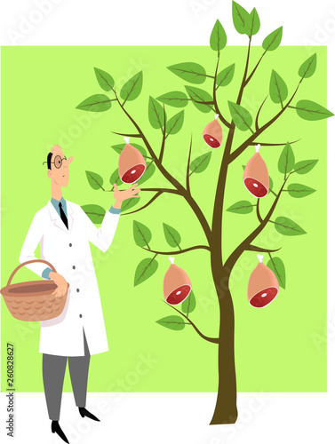 Scientist picking ham from a tree as a metaphor for plant-based meat substitutes, EPS 8 vector illustration