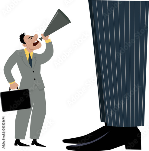 Small businessman yelling in a bullhorn trying to attract attention of a giant businessman, a boss, management or big organization, EPS 8 vector illustration