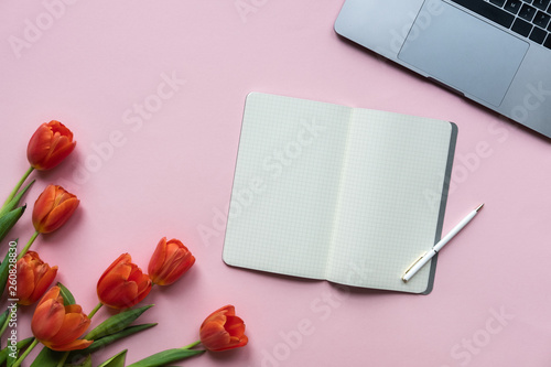 Wallpaper Mural Notebook with laptop and red flowers on pink background. Copy space Torontodigital.ca