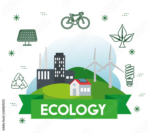 house and factory with wind and solar energy