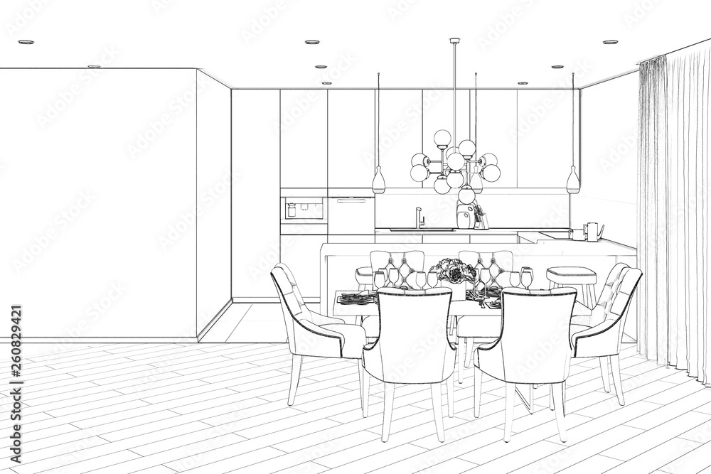 3d illustration. Sketch of the modern dining room