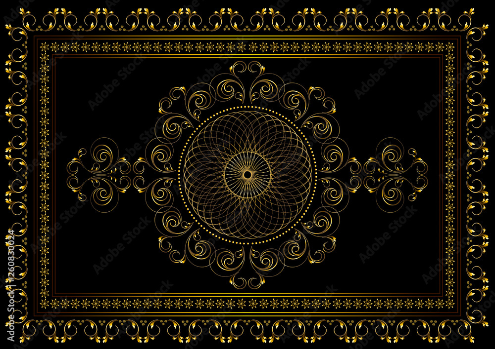 Vintage gold frame with interlocking oval ornament in the center and a border of curved strips with leaves and stars in a double frame on a black background