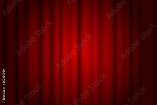 Red curtains wide background illuminated by a beam of spotlight. Red theater show curtain vector illustration.