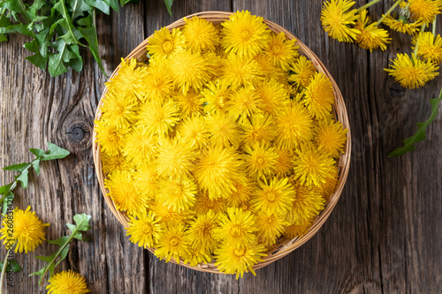 Photography Dandelion flowers in a basket, top view