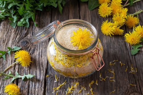 Preparation of dandelion syrup from fresh dandelions photo