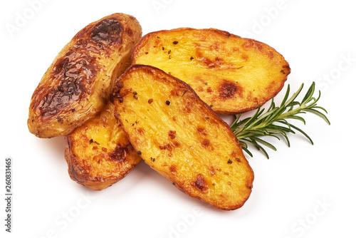 Fry country style potato wedges, baked potatoes, close-up, isolated on white background