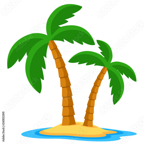 Palm trees on an island in the ocean, logo on a white.