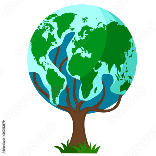 Planet earth grows on a tree, ecological logo on a white.