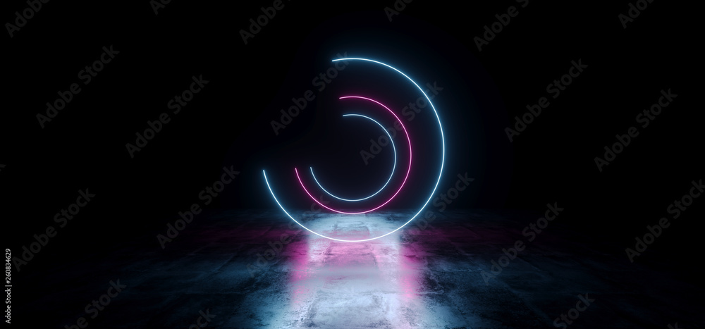 Fototapeta premium Elegant Circle Shaped Neon Fluorescent Retro Laser Led Show Stage Vibrant Blue Purple Glowing Lights In Underground Hall Grunge Concrete Glossy Cement Garage Tunnel 3D Rendering