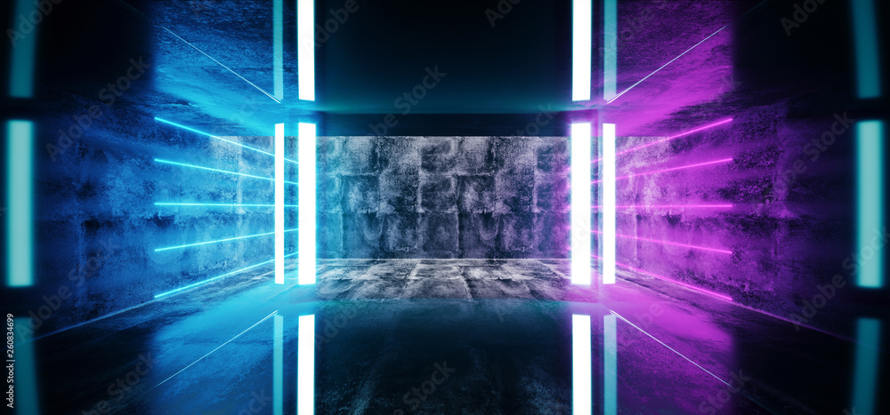 Neon Fluorescent Sci-Fi Grunge Cement Asphalt Concrete Underground Garage Virtual Modern Dark Empty Clean Reflective Room Purple Blue Glowing Lights And Empty Space 3D Rendering