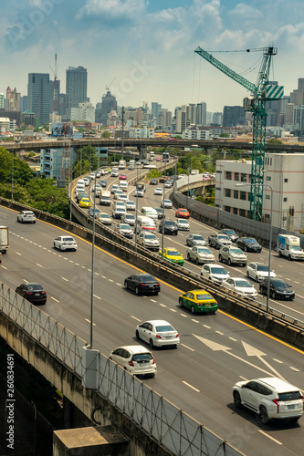Cityscape and transportation with expressway and traffic in daytime from skyscraper of Bangkok. Bangkok is the capital and the most populous city of Thailand., April 2019