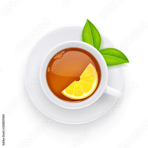 Tea cup and green leaf on plate. Traditional hot drink for breakfast. Tea time. Herbal tonic beverage. Isolated white background. Eps10 vector illustration.