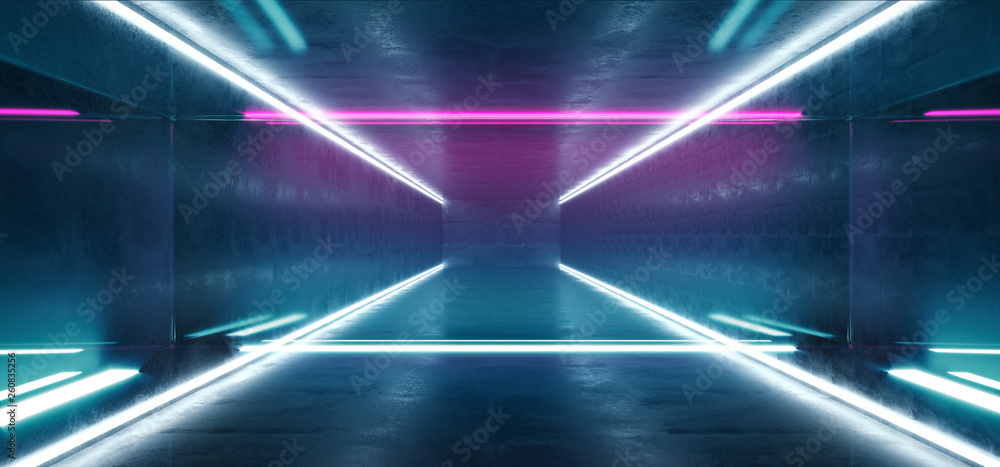 Sci Fi Futuristic Alien Retro Virtual Reality Neon Glowing Fluorescent Purple Blue Vibrant Line Lights In Refelctive Grunge Concrete Glossy Room Stage Hall Psychedelic 3D Rendering Sci Fi Futuristic Alien Retro Virtual Reality Neon Glowing Fluorescent Purple Blue Vibrant Line Lights In Refelctive Grunge Concrete Glossy Room Stage Hall Psychedelic 3D Rendering