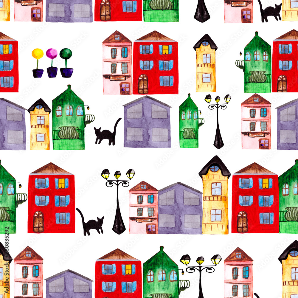 Seamless pattern of colored houses. Amsterdam Street.