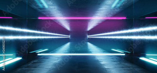 Fototapeta Naklejka Na Ścianę i Meble -  Sci Fi Futuristic Alien Retro Virtual Reality Neon Glowing Fluorescent Purple Blue Vibrant Line Lights In Refelctive Grunge Concrete Glossy Room Stage Hall Psychedelic  3D Rendering