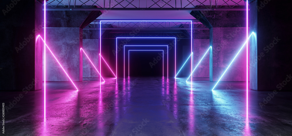 Virtual Path Sci Fi Neon Glowing Fluorescent Laser Alienship Stage Dance Lights Ultraviolet Purple Blue Pink In Dark Empty Grunge Concrete Neon Reflective Tunnel Hall Corridor 3D Rendering - obrazy, fototapety, plakaty 
