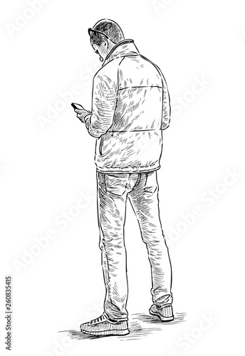 Sketch of young townsman with a cell phone