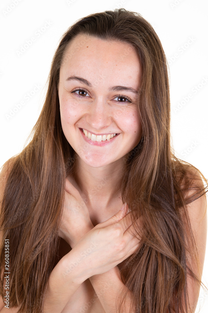 Beautiful topless hides her chest with her hands Beautiful topless hides her chest with her hands