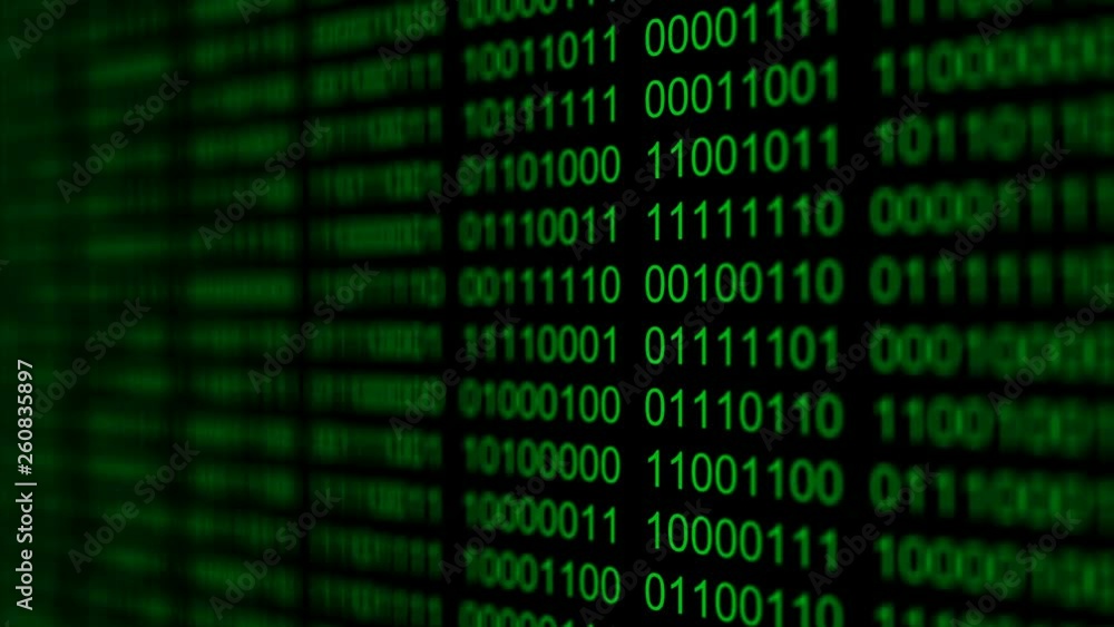 Binary code background with digits moving right on screen. Algorithm binary, data code, decryption and encoding. Deep of field effect. Seamless loop abstract background. Binary code background with digits moving right on screen. Algorithm binary, data code, decryption and encoding. Deep of field effect. Seamless loop abstract background.
