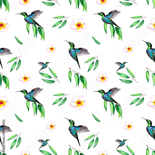 Delicate watercolor pattern with flowers  eucalyptus leaves and rare Hummingbird birds. Abstract background for textiles  Wallpaper or wrapping.