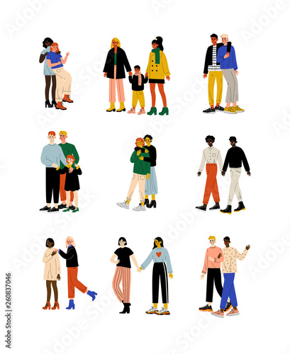 Happy Gay and Lesbian Couples Set, Women and Men Hugging, Homosexual Family Couples and Their Kids, Romantic Homosexual Relationship Vector Illustration