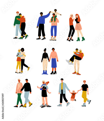 Happy Gay and Lesbian Couples Set, Homosexual Family Couples and Their Kids, Romantic Homosexual Relationship Vector Illustration