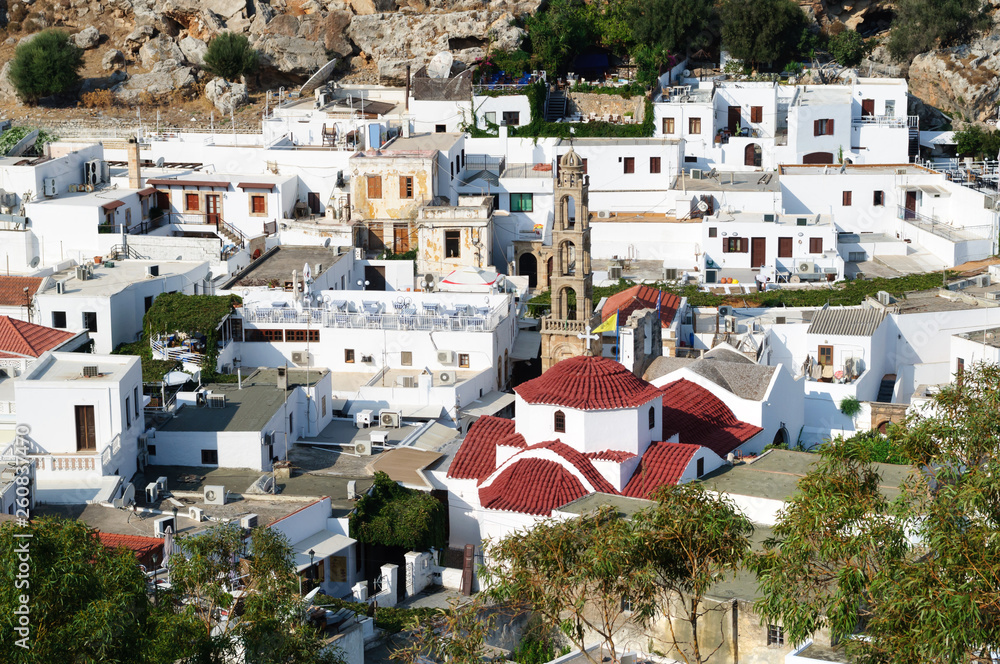 Panagia Church and bell tower of Lindos, Greece.