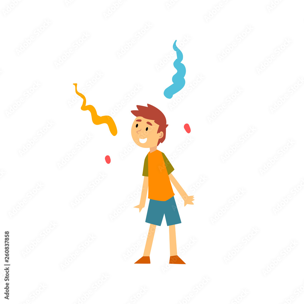 Cute Boy at Kids Party, Happy Child Having Fun at Birthday, Carnival Party or Circus Performance Vector Illustration Cute Boy at Kids Party, Happy Child Having Fun at Birthday, Carnival Party or Circus Performance Vector Illustration
