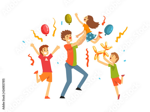 Cute Kids Celebrating Party  Happy Children Having Fun with Clown at Birthday  Carnival Party or Circus Performance Vector Illustration